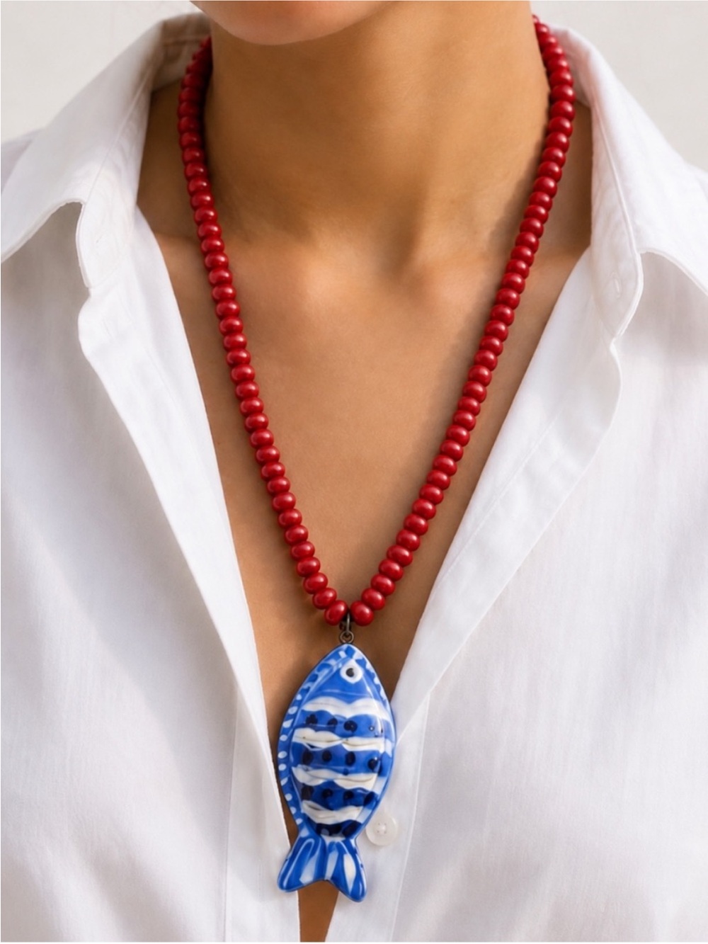 New! Coastal Colorful Red Beaded Fish Necklace NWOT 5060